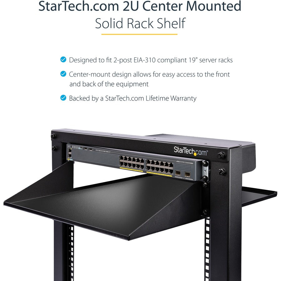 StarTech.com 2U 19" 2-Post Network Rack Shelf 20in Deep Center Mount Cantilever Tray Rackmount for AV/Data Equipment 75lb Capacity — CABSHF2POST2