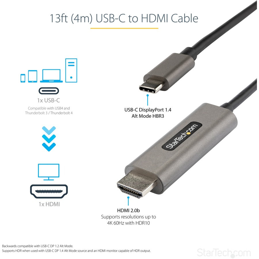 StarTech.com 13ft (4m) USB C to HDMI Cable 4K 60Hz with HDR10, Ultra HD USB Type-C to HDMI 2.0b Video Adapter Cable, DP 1.4 Alt Mode HBR3 — CDP2HDMM4MH