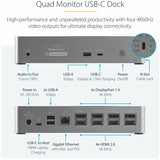 StarTech.com USB-C Dock, 4K 60Hz Quad Monitor DisplayPort & HDMI, Universal USB C Docking Station, 100W Power Delivery, USB Hub 1C/3A, GbE — DK31C4DPPD