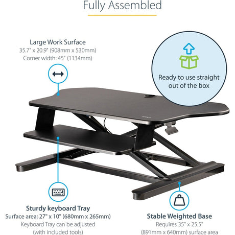StarTech.com Corner Sit Stand Desk Converter with Keyboard Tray, Large Surface 35"x21" , Height Adjustable Ergonomic Tabletop Standing Desk — ARMSTSCORNR