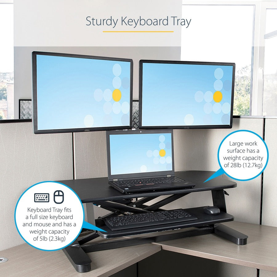 StarTech.com Corner Sit Stand Desk Converter with Keyboard Tray, Large Surface 35"x21" , Height Adjustable Ergonomic Tabletop Standing Desk — ARMSTSCORNR