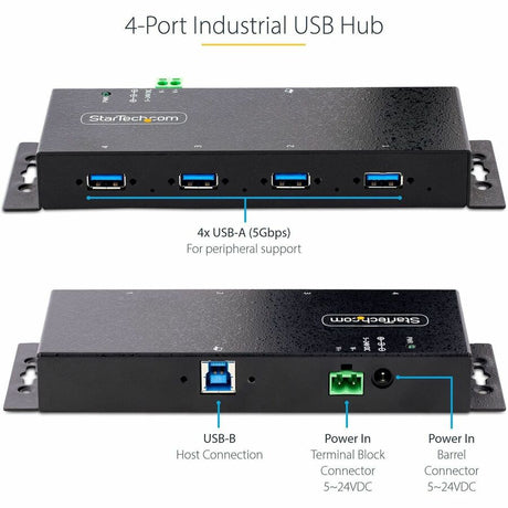 StarTech.com 4-Port Industrial USB 3.0 5Gbps Hub, Rugged USB Hub w/ ESD & Surge Protection, DIN/Wall/Desk Mountable, USB-A Expansion Hub — 5G4AINDNP-USB-A-HUB