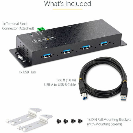 StarTech.com 4-Port Industrial USB 3.0 5Gbps Hub, Rugged USB Hub w/ ESD & Surge Protection, DIN/Wall/Desk Mountable, USB-A Expansion Hub — 5G4AINDNP-USB-A-HUB
