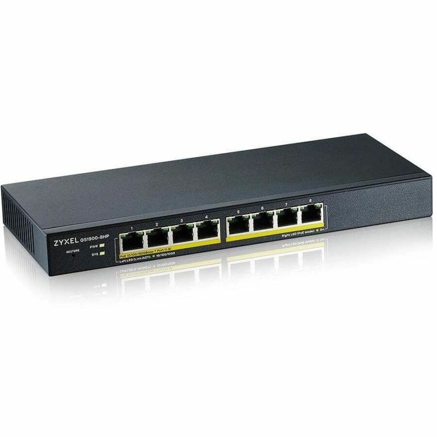 ZYXEL GS1900-8HP REV 03F 8-Port Gigabit Smart Managed PoE Switch | 8 PoE+ Ports at 77W | Fanless | TAA Compliant — GS1900-8HPREV03F