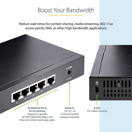 StarTech.com Unmanaged 2.5G Switch, 5 Port 2.5GBASE-T Unmanaged Ethernet Switch, Din Rail | Wall Mount, Multi-Gigabit, Auto-MDIX, 9K Jumbo — DS52000