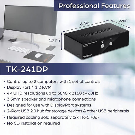 TRENDnet 2-Port DisplayPort KVM Switch, DisplayPort 1.2 KVM, Connect and Control Two Computers, Supports 4K UHD Resolution, 3840 x 2160 at 60Hz, 2-Port USB 2.0 Hub, Black, TK-241DP