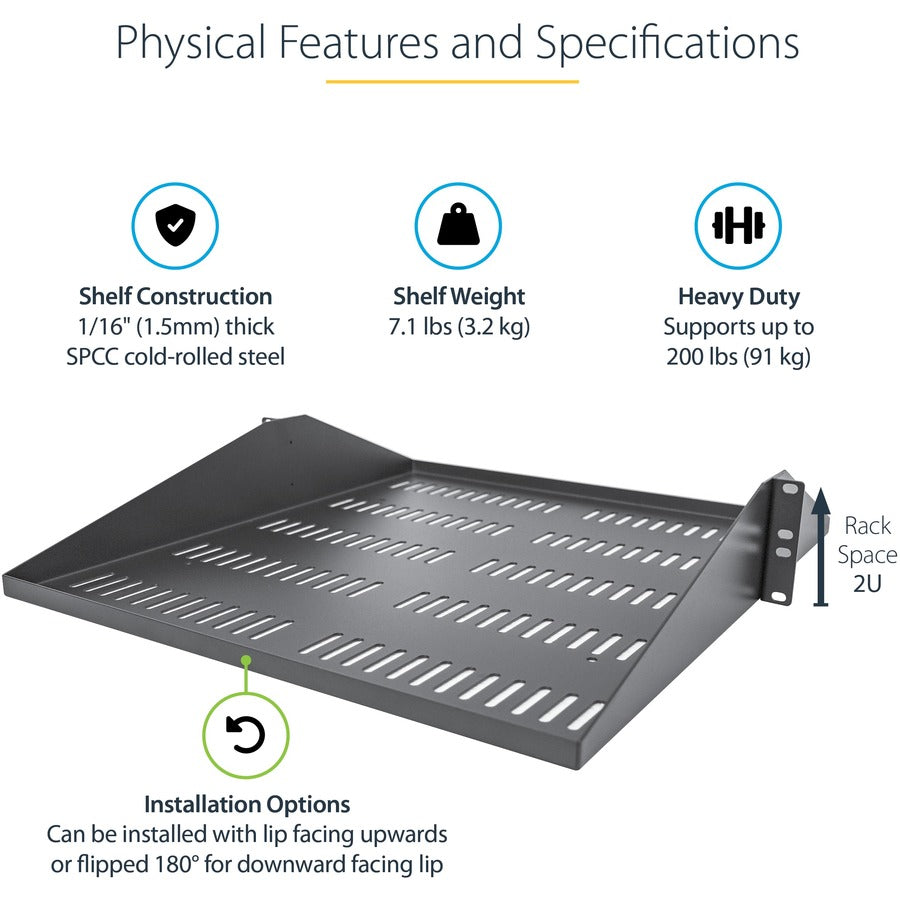 StarTech.com 2U Vented Server Rack Shelf - Center Mount Fixed 20" Deep Cantilever Rackmount Tray for 19" Data/AV/Network w/Cage Nuts — SHELF-2U-20-CENTER-V