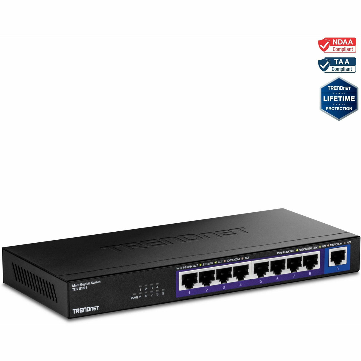 TRENDnet 9-Port Multi-Gig Switch, TEG-S591, 8 x 2.5G RJ-45 Ports, 1 x 10G RJ-45 Port, 60Gbps Switching Capacity, Ethernet Splitter, NDAA & TAA Compliant, Lifetime Protection, Black — TEG-S591