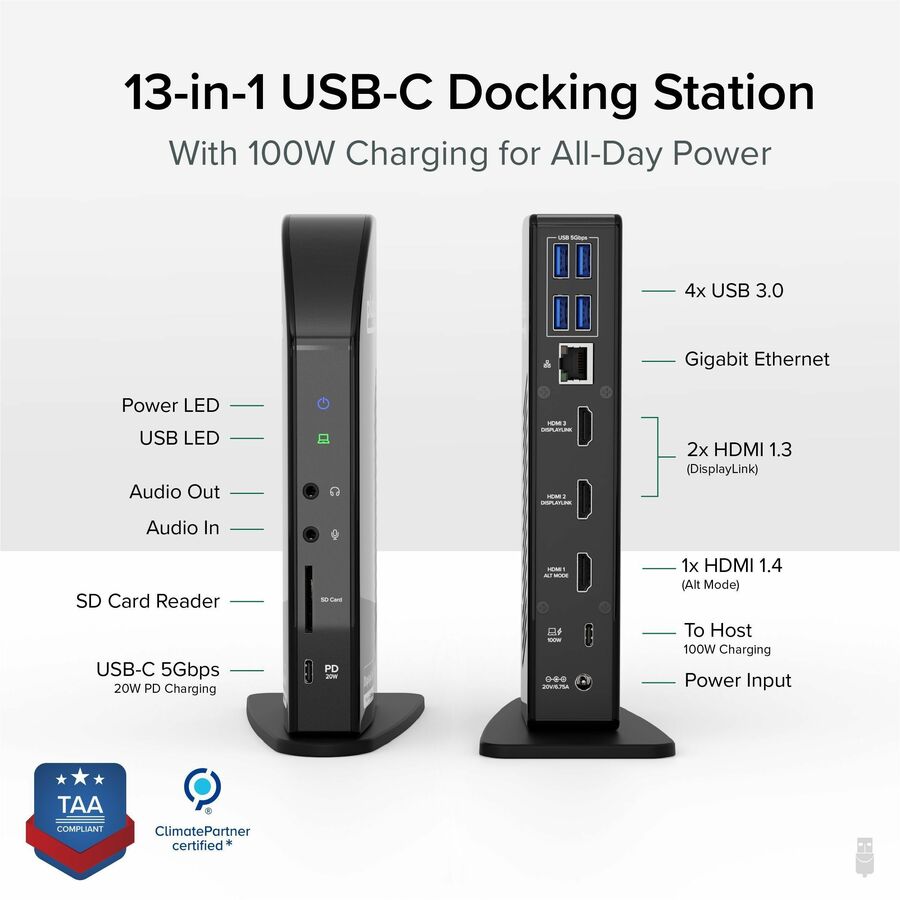 Plugable 13-in-1 USB-C Triple Monitor Docking Station with 100W Charging, Compatible with Windows, Mac, and Chrome with Thunderbolt 3 / 4 or USB-C — UD-ULTCDL