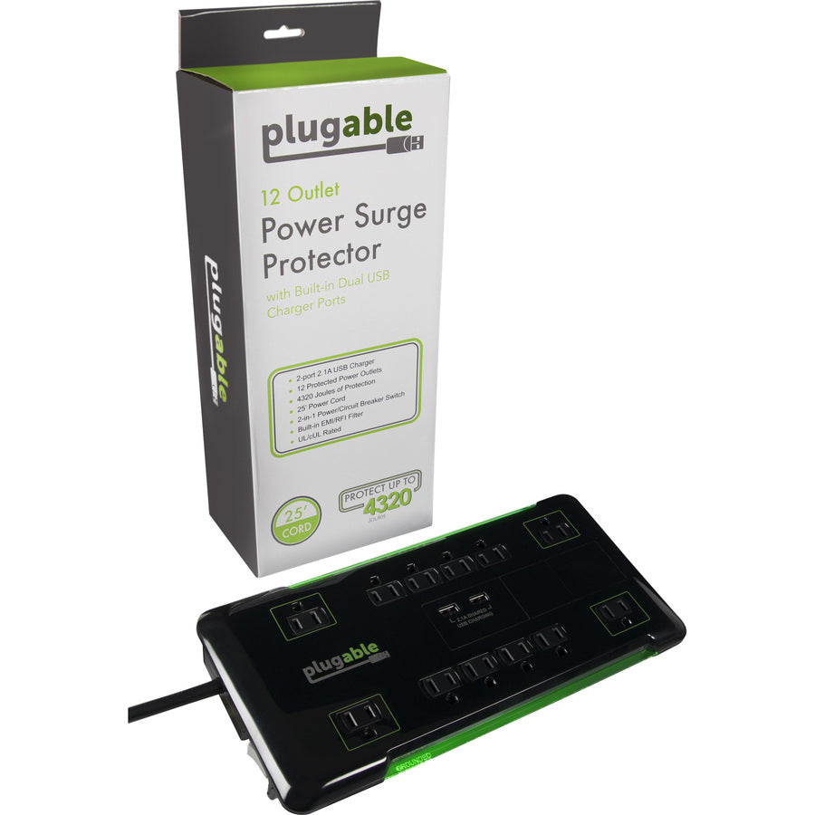 Plugable Surge Protector Power Strip with USB and 12 AC Outlets — PS12-USB25