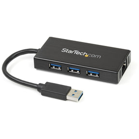 StarTech.com 3 Port Portable USB 3.0 Hub with Gigabit Ethernet Adapter NIC - 5Gbps - Aluminum w/ Cable — ST3300GU3B