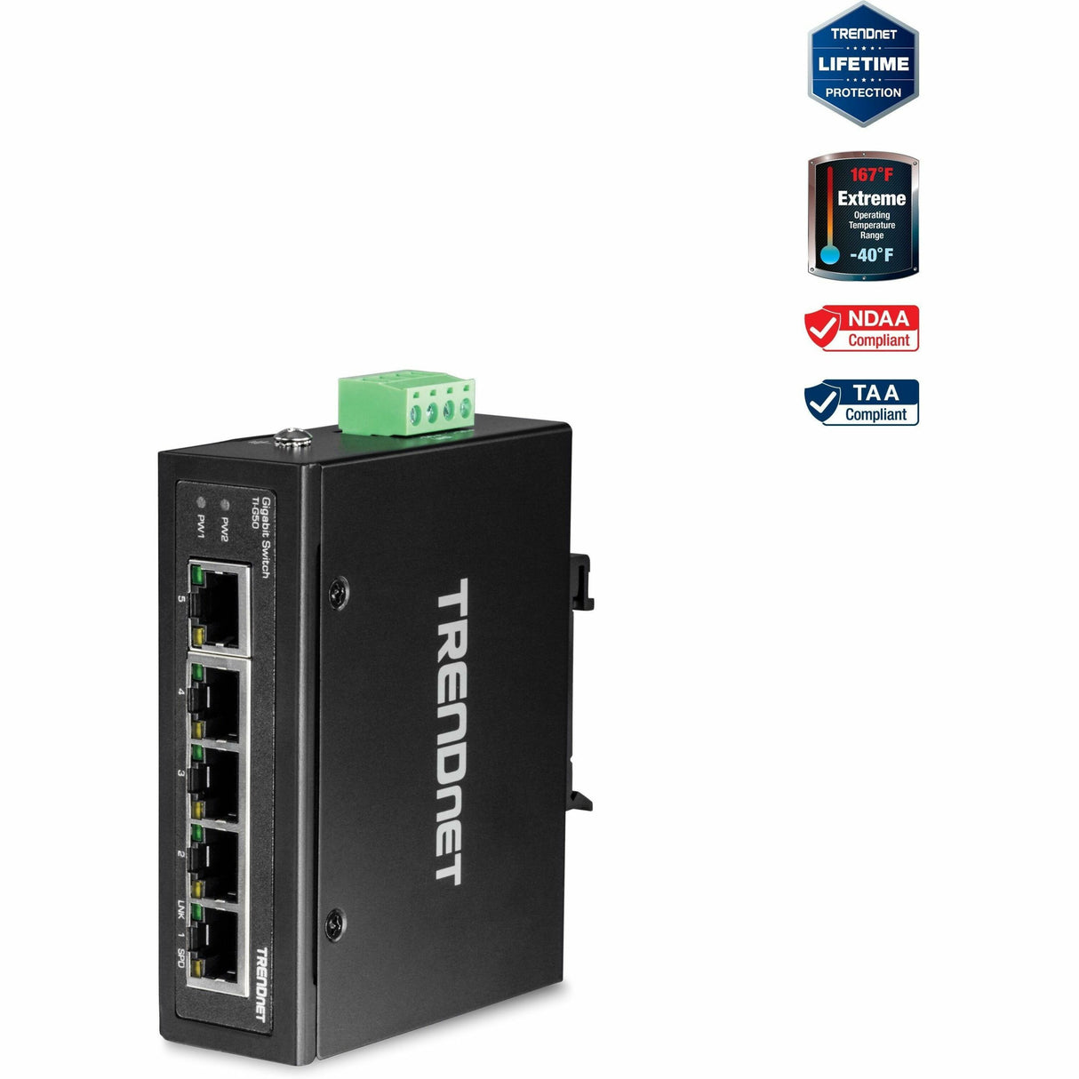 TRENDnet 5-Port Hardened Industrial Gigabit DIN-Rail Switch, TI-G50, 10 Gbps, IP50 Rated, Ethernet Splitter, NDAA & TAA Compliant, DIN-Rail and Wall Mounts Included, Lifetime Protection, Black — TI-G50