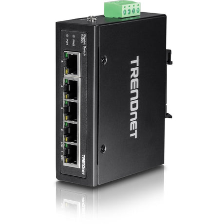 TRENDnet 5-Port Hardened Industrial Gigabit DIN-Rail Switch, TI-G50, 10 Gbps, IP50 Rated, Ethernet Splitter, NDAA & TAA Compliant, DIN-Rail and Wall Mounts Included, Lifetime Protection, Black — TI-G50