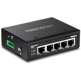 TRENDnet 5-Port Hardened Industrial Gigabit DIN-Rail Switch, TI-G50, 10 Gbps, IP50 Rated, Ethernet Splitter, NDAA & TAA Compliant, DIN-Rail and Wall Mounts Included, Lifetime Protection, Black — TI-G50