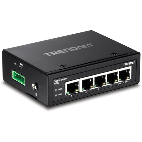 TRENDnet 5-Port Hardened Industrial Gigabit DIN-Rail Switch, TI-G50, 10 Gbps, IP50 Rated, Ethernet Splitter, NDAA & TAA Compliant, DIN-Rail and Wall Mounts Included, Lifetime Protection, Black — TI-G50