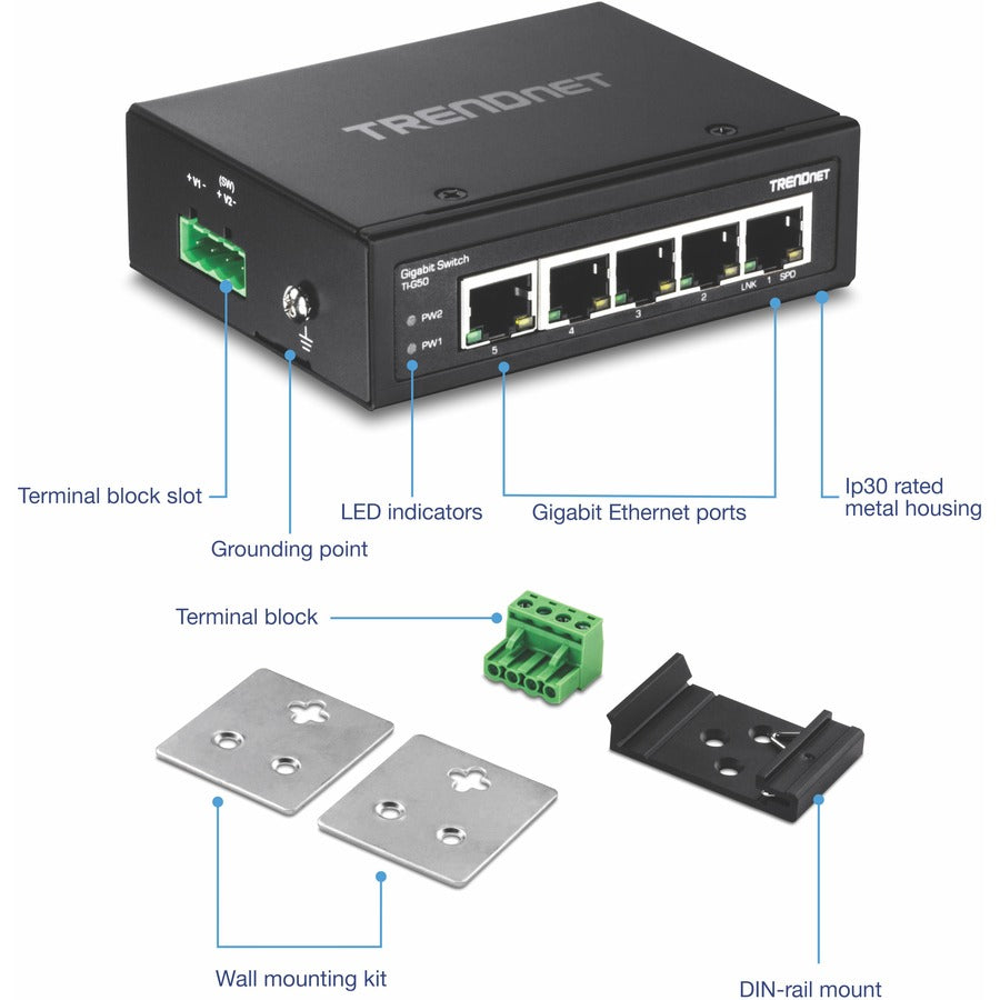 TRENDnet 5-Port Hardened Industrial Gigabit DIN-Rail Switch, TI-G50, 10 Gbps, IP50 Rated, Ethernet Splitter, NDAA & TAA Compliant, DIN-Rail and Wall Mounts Included, Lifetime Protection, Black — TI-G50