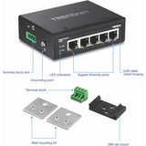 TRENDnet 5-Port Hardened Industrial Gigabit DIN-Rail Switch, TI-G50, 10 Gbps, IP50 Rated, Ethernet Splitter, NDAA & TAA Compliant, DIN-Rail and Wall Mounts Included, Lifetime Protection, Black — TI-G50