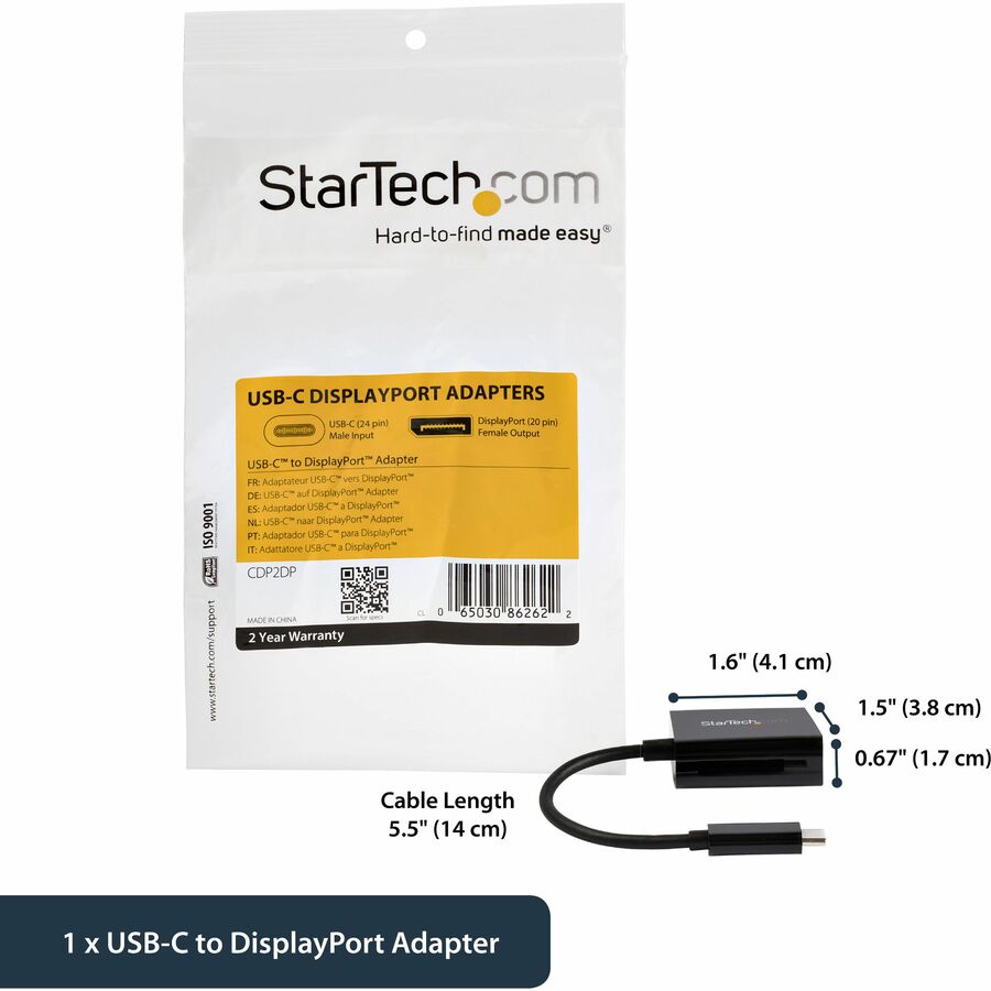 StarTech.com USB C to DisplayPort Adapter 4K 60Hz - USB Type-C to DP 1.4 Monitor Video Converter (DP Alt Mode) - Thunderbolt 3 Compatible — CDP2DP