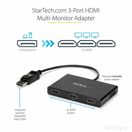 StarTech.com 3-Port Multi Monitor Adapter, DisplayPort to 3x HDMI MST Hub, Triple 1080p, Video Splitter for Extended Desktop Mode, Windows — MSTDP123HD