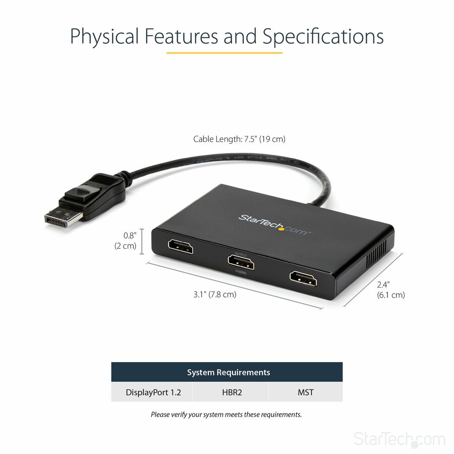 StarTech.com 3-Port Multi Monitor Adapter, DisplayPort to 3x HDMI MST Hub, Triple 1080p, Video Splitter for Extended Desktop Mode, Windows — MSTDP123HD