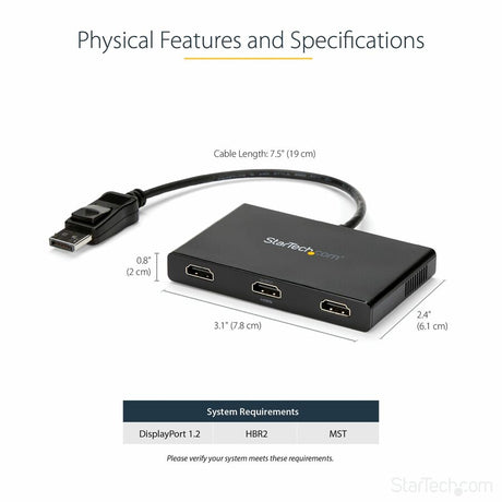 StarTech.com 3-Port Multi Monitor Adapter, DisplayPort to 3x HDMI MST Hub, Triple 1080p, Video Splitter for Extended Desktop Mode, Windows — MSTDP123HD