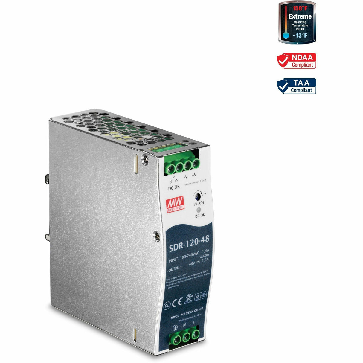 TRENDnet 120 W Single Output Industrial DIN-Rail Power Supply, Extreme -25 to 70 &deg;C (-13 to 158 &deg;F) Operating Temp, Power Supply 120W, DIN-Rail Mount, Overload Protection, Silver, TI-S12048