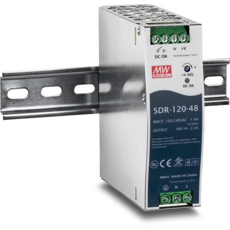 TRENDnet 120 W Single Output Industrial DIN-Rail Power Supply, Extreme -25 to 70 &deg;C (-13 to 158 &deg;F) Operating Temp, Power Supply 120W, DIN-Rail Mount, Overload Protection, Silver, TI-S12048