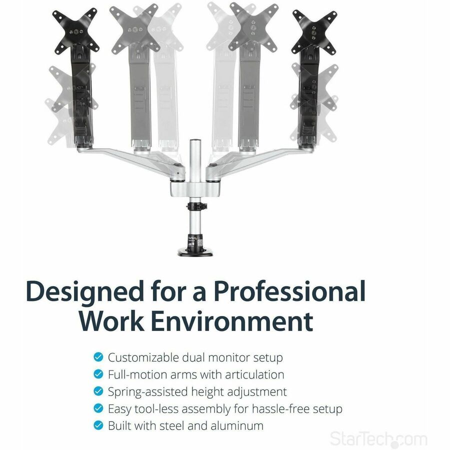 StarTech.com Desk Mount Dual Monitor Arm, Full Motion, Premium Dual Monitor Mount for up to 30"(19.8lb/9kg) VESA Mount Monitors, Tool-less — ARMDUAL30