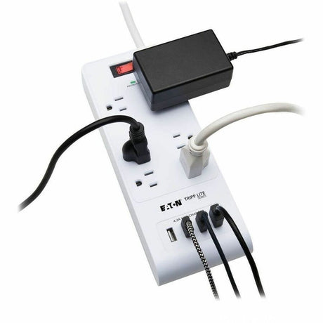 Eaton Tripp Lite Series 6-Outlet Surge Protector with 4 USB Ports (4.2A Shared) - 15 ft. (4.57 m) Cord, 5-15P Plug, 900 Joules, White — TLP64USBRA15