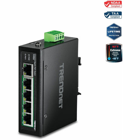 TRENDnet 5-Port Hardened Industrial Unmanaged Gigabit Switch; TI-PG50; 10/100/1000Mbps; DIN-Rail Switch; 4 x Gigabit PoE+ Ports; 1 x Gigabit Port; Gigabit Ethernet Network Switch; Lifetime Protection — TI-PG50
