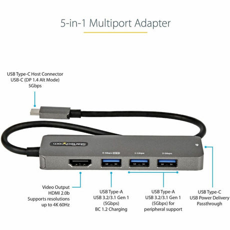 StarTech.com USB C Multiport Adapter, USB-C to HDMI 4K 60Hz (HDR10), 100W PD Pass-Through, 4xUSB 3.0, USB Type-C Mini Dock, 12" Long Cable — DKT30CHPD3