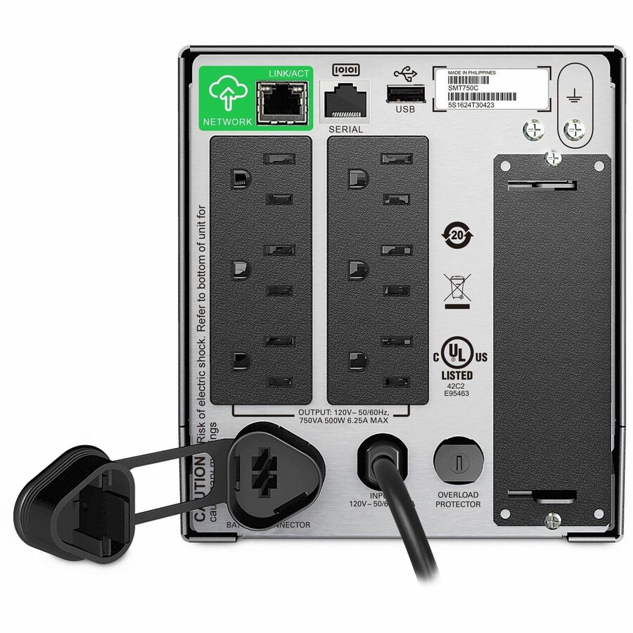 APC Smart-UPS, Line Interactive, 750VA, Tower, 120V, 6x NEMA 5-15R outlets, SmartConnect Port+SmartSlot, AVR, LCD [TAA] — SMT750CUS