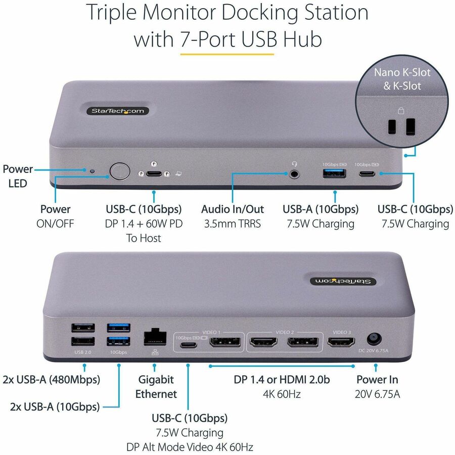 StarTech.com USB-C Docking Station, HDMI/DP/DP Alt Mode USB-C Dock, Triple/Dual 4K, 7x USB Hub, 60W PD, GbE, WWCB Certified — DK31C3MNCR