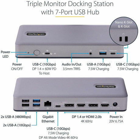 StarTech.com USB-C Docking Station, HDMI/DP/DP Alt Mode USB-C Dock, Triple/Dual 4K, 7x USB Hub, 60W PD, GbE, WWCB Certified — DK31C3MNCR