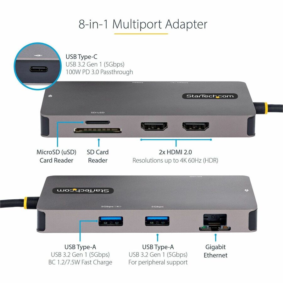 StarTech.com USB C Multiport Adapter, Dual HDMI, 4K 60Hz, 2x 5Gbps USB-A Hub, 100W Power Delivery, GbE, SD/MicroSD, USB C Mini Dock — 120B-USBC-MULTIPORT