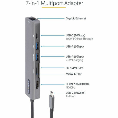 StarTech.com USB C Multiport Adapter, USB-C to 4K 60Hz HDMI 2.0, 100W PD Pass-through, SD, USB, GbE, USB Type-C Mini Dock, 12" Long Cable — DKT30CHSDPD1