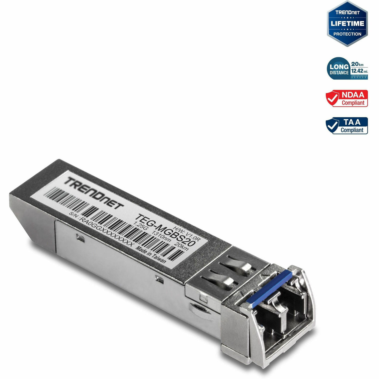 TRENDnet SFP Single Mode LC Module (20km/ 12.4 mi), TEG-MGBS20, Data Rates up to 1.25Gbps, 1310nm Single Mode, IEEE 802.3z Gigabit Ethernet, ANSI Fiber Channel Compliant, Lifetime Protection — TEG-MGBS20