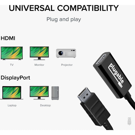 Plugable Active DisplayPort to HDMI Adapter - Connect any DisplayPort-Enabled PC or Tablet to an HDMI Enabled Monitor, TV or Projector for Ultra-HD Video Streaming (HDMI 2.0 up to 4K 3840x2160 @60Hz) — DP-HDMI