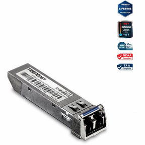 TRENDnet SFP to RJ45 Industrial Single-Mode LC Module (10km); TI-MGBS10; 1000Base-LX Industrial SFP; Compliant with IEEE 802.3z Gigabit Ethernet; Data Rates of up to 1.25Gbps; Lifetime Protection — TI-MGBS10