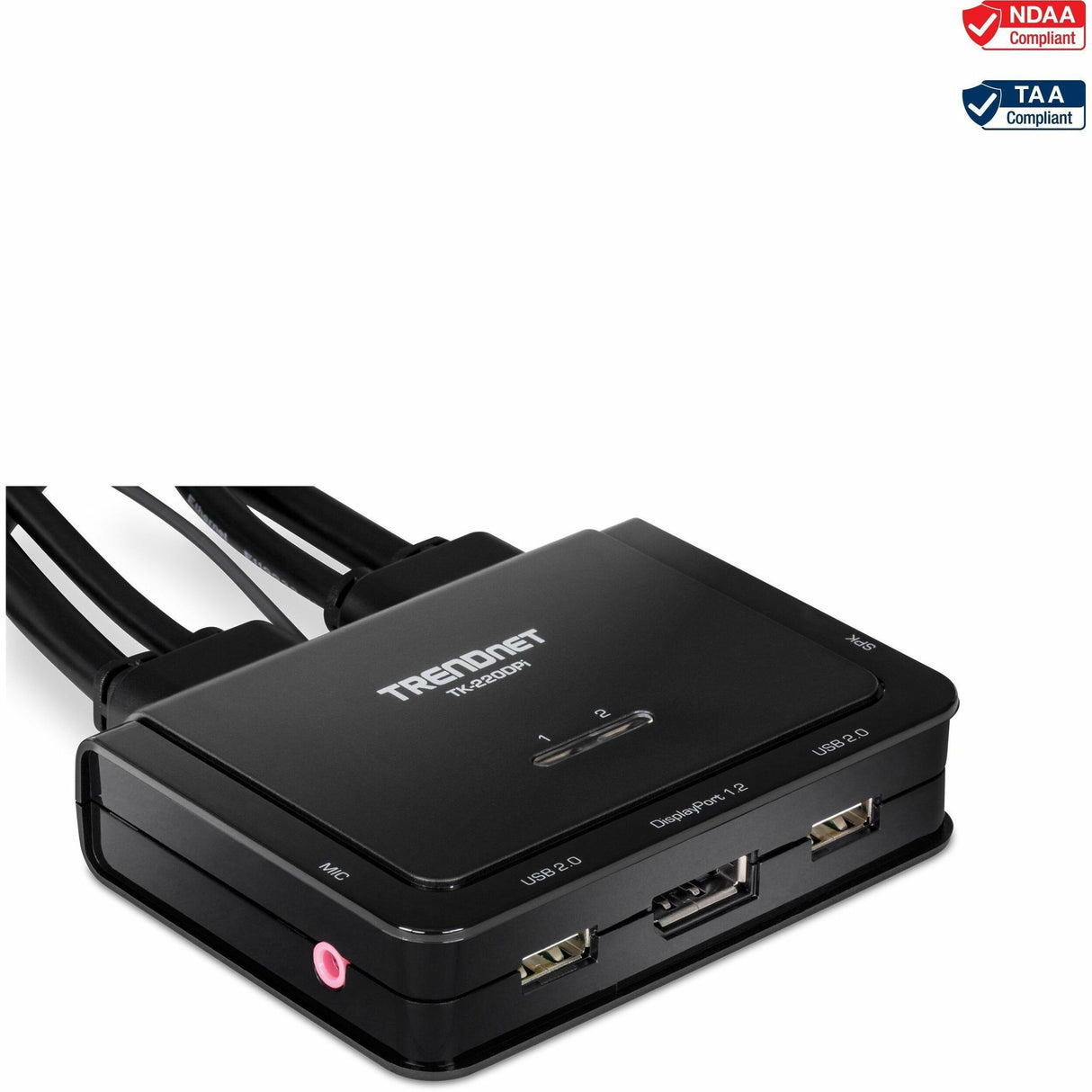 TRENDnet 2-Port 4K DisplayPort 1.2 KVM Switch with Audio, 4K UHD (3840 x 2160@60Hz), 3.5mm Speaker/Microphone, USB 2.0, Integrated Cables, Black, TK-220DPI — TK-220DPi