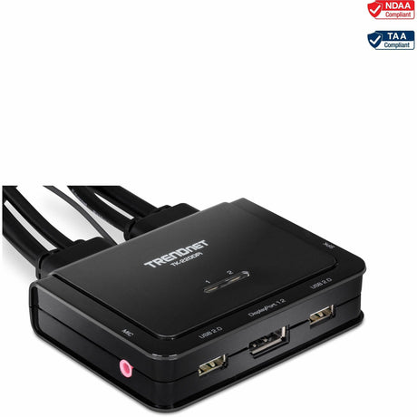 TRENDnet 2-Port 4K DisplayPort 1.2 KVM Switch with Audio, 4K UHD (3840 x 2160@60Hz), 3.5mm Speaker/Microphone, USB 2.0, Integrated Cables, Black, TK-220DPI — TK-220DPi