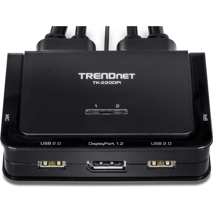 TRENDnet 2-Port 4K DisplayPort 1.2 KVM Switch with Audio, 4K UHD (3840 x 2160@60Hz), 3.5mm Speaker/Microphone, USB 2.0, Integrated Cables, Black, TK-220DPI — TK-220DPi