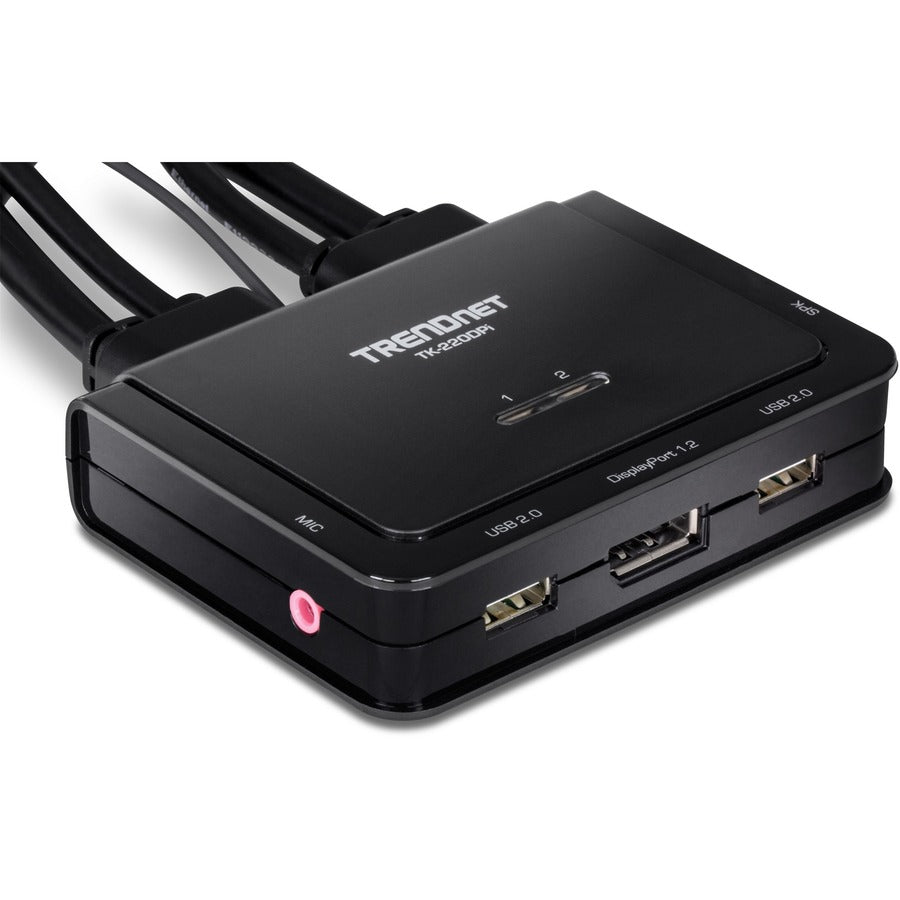 TRENDnet 2-Port 4K DisplayPort 1.2 KVM Switch with Audio, 4K UHD (3840 x 2160@60Hz), 3.5mm Speaker/Microphone, USB 2.0, Integrated Cables, Black, TK-220DPI — TK-220DPi