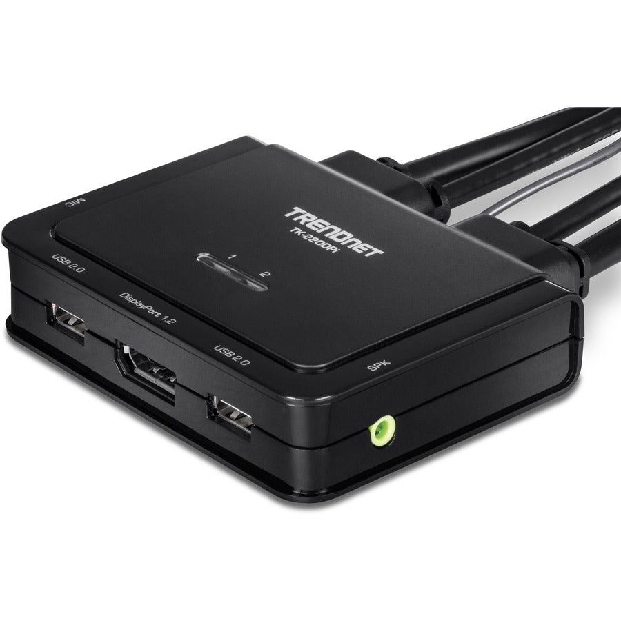 TRENDnet 2-Port 4K DisplayPort 1.2 KVM Switch with Audio, 4K UHD (3840 x 2160@60Hz), 3.5mm Speaker/Microphone, USB 2.0, Integrated Cables, Black, TK-220DPI — TK-220DPi