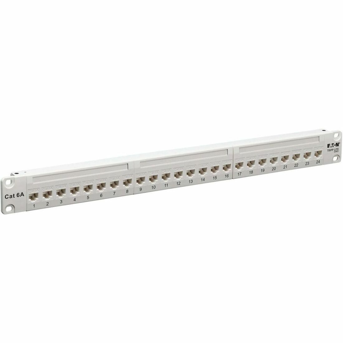 Eaton Tripp Lite Series 24-Port Cat6a Feed-Through Patch Panel - 4PPoE Compliant, 1U Rack-Mount, RJ45 Ethernet, White, TAA — N254-024-6A-WH