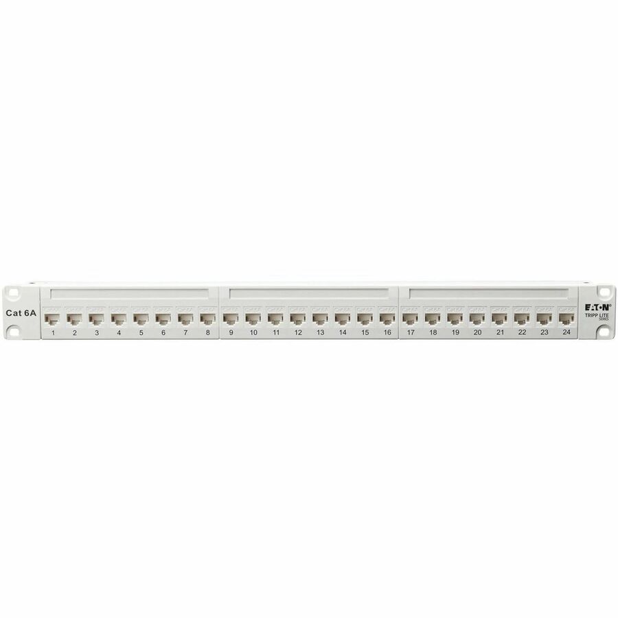 Eaton Tripp Lite Series 24-Port Cat6a Feed-Through Patch Panel - 4PPoE Compliant, 1U Rack-Mount, RJ45 Ethernet, White, TAA — N254-024-6A-WH