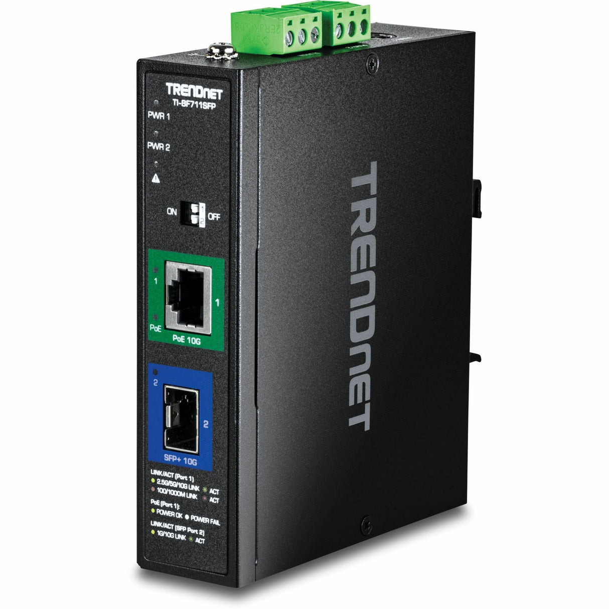 TRENDnet Industrial 10G SFP+ to 10G PoE++ Media Converter, TI-BF711SFP, Hardened IP50 Rated, NDAA & TAA Compliant for Government Use, Provides up to 95W, DIN-Rail and Wall Mounts Included — TI-F711SFP