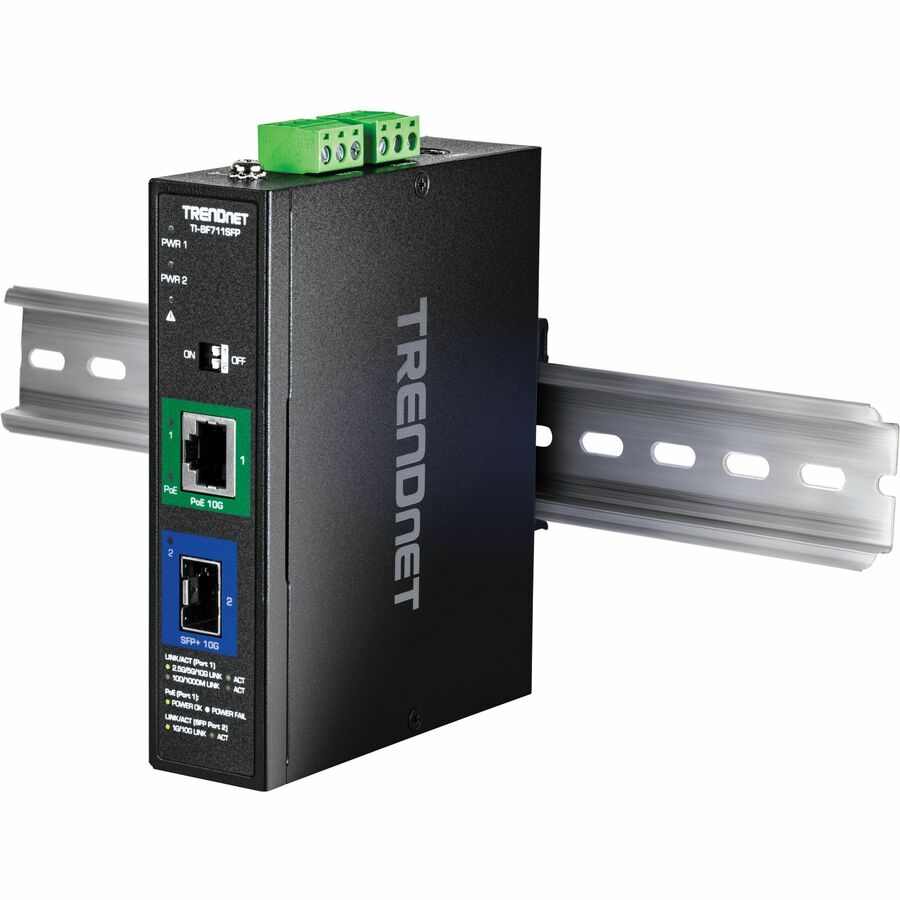 TRENDnet Industrial 10G SFP+ to 10G PoE++ Media Converter, TI-BF711SFP, Hardened IP50 Rated, NDAA & TAA Compliant for Government Use, Provides up to 95W, DIN-Rail and Wall Mounts Included — TI-F711SFP