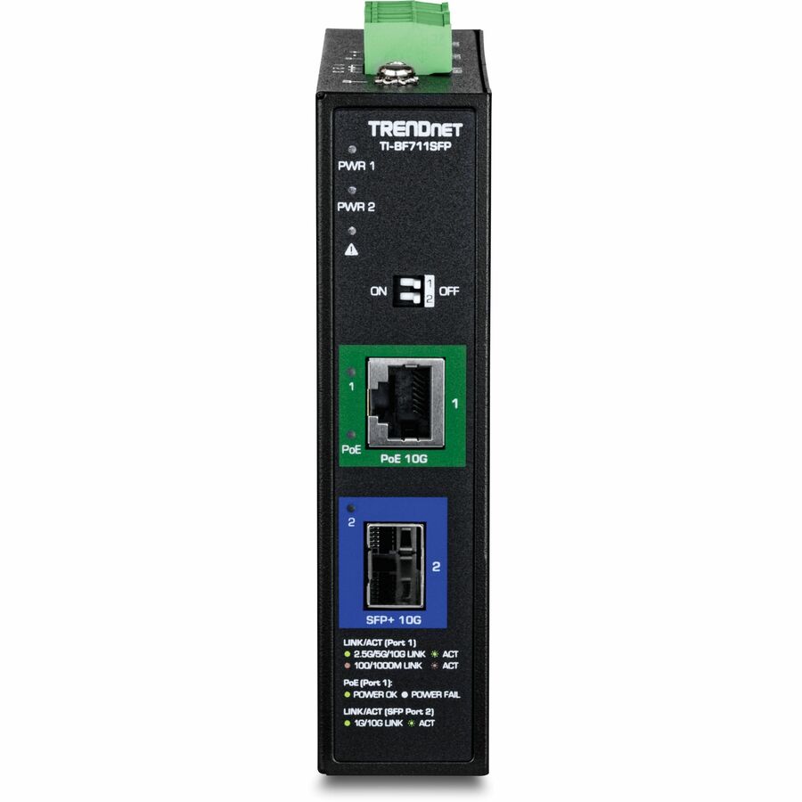 TRENDnet Industrial 10G SFP+ to 10G PoE++ Media Converter, TI-BF711SFP, Hardened IP50 Rated, NDAA & TAA Compliant for Government Use, Provides up to 95W, DIN-Rail and Wall Mounts Included