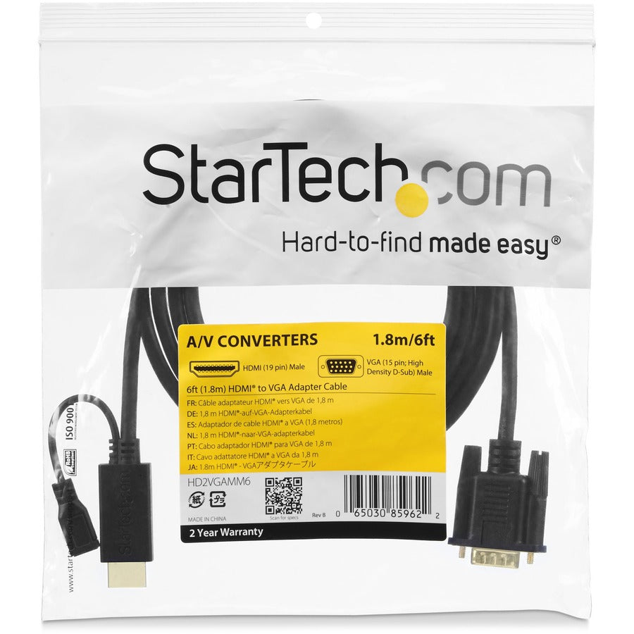 StarTech.com HDMI to VGA Cable - 3 ft / 1m - 1080p - 1920 x 1200 - Active HDMI Cable - Monitor Cable - Computer Cable — HD2VGAMM3
